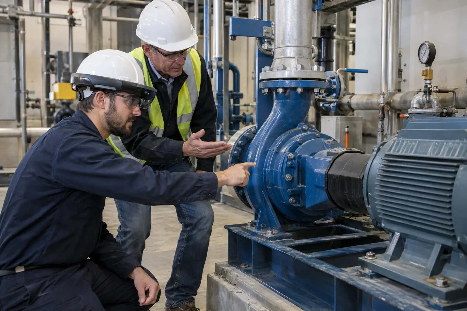 Technician using AR guidance on industrial equipment