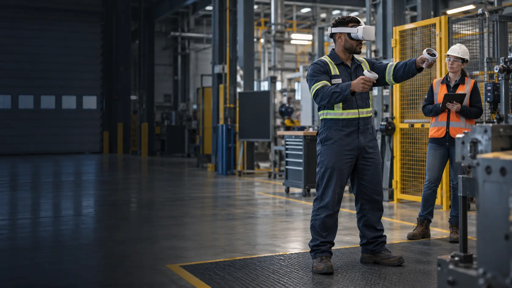 Industrial worker using a standalone VR training system while an instructor observes