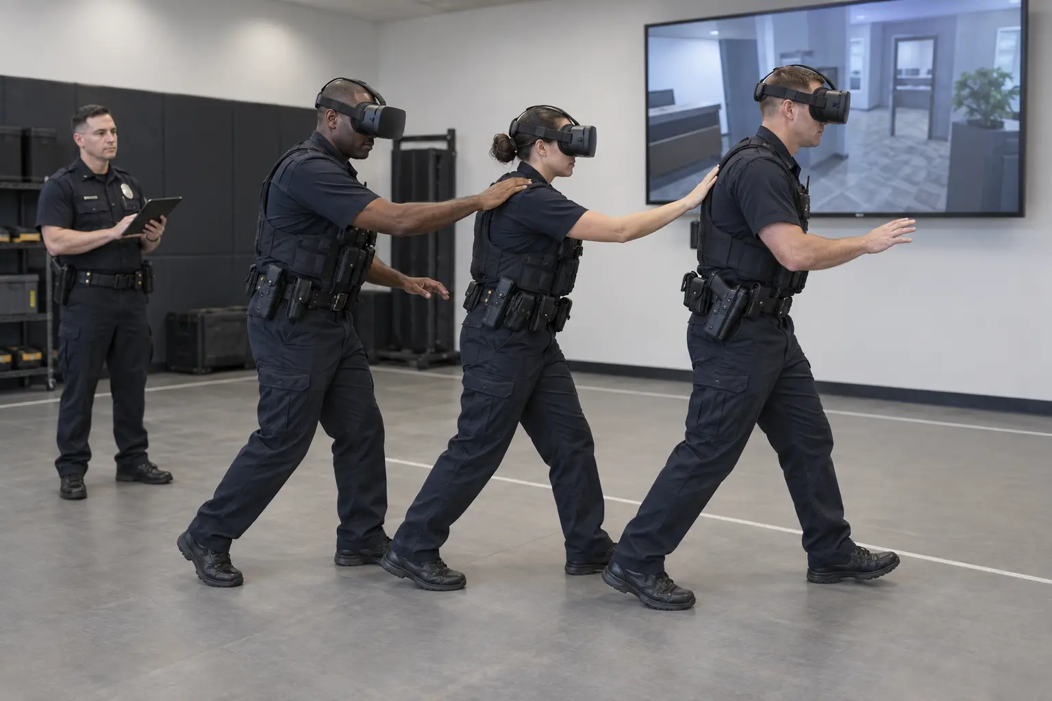 Police officers completing team VR training