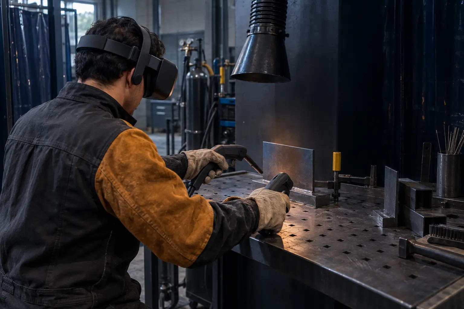 Trainee practicing welding technique with an immersive training system